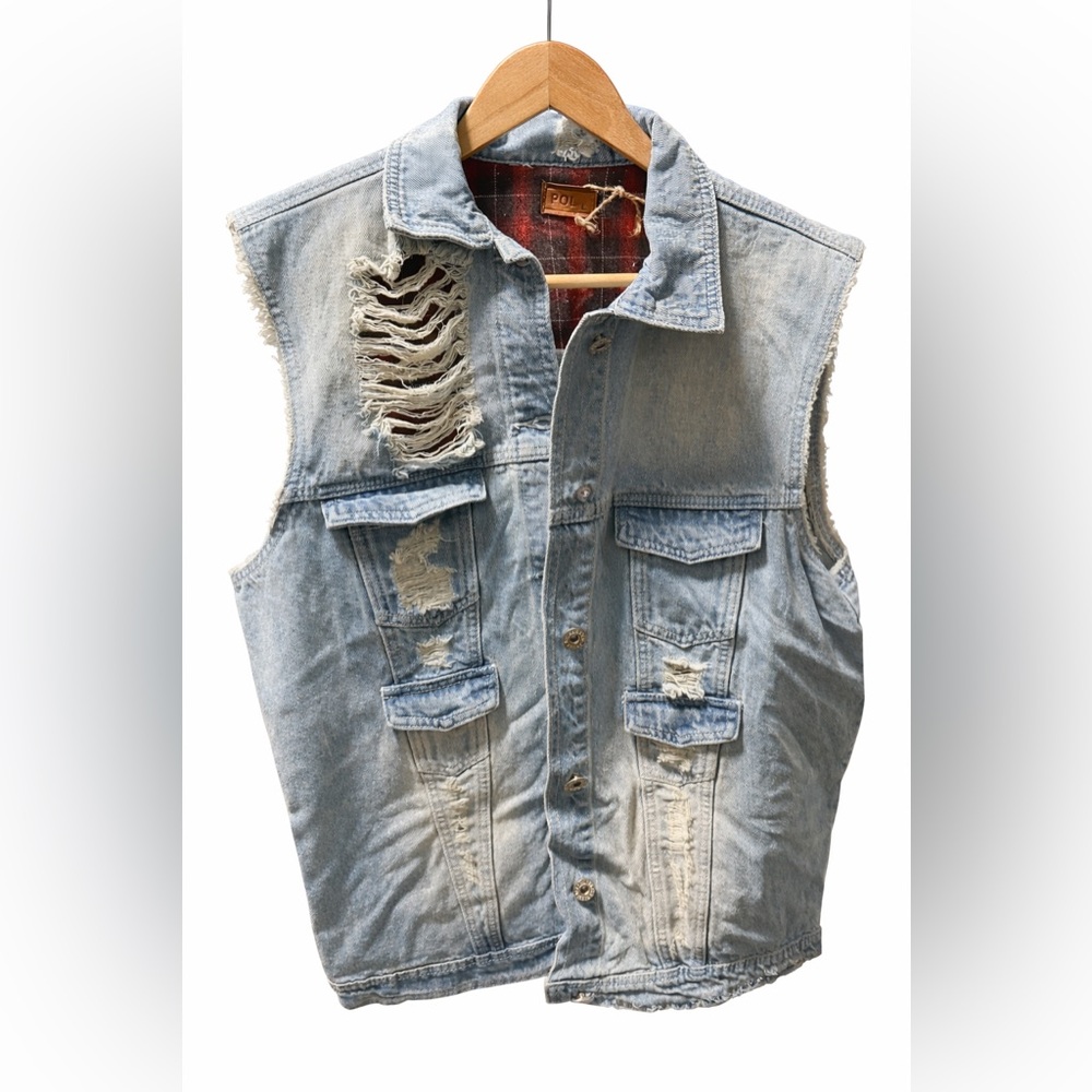 POL Distressed Denim Vest Plaid Lined Sleeveless Jacket Size Large